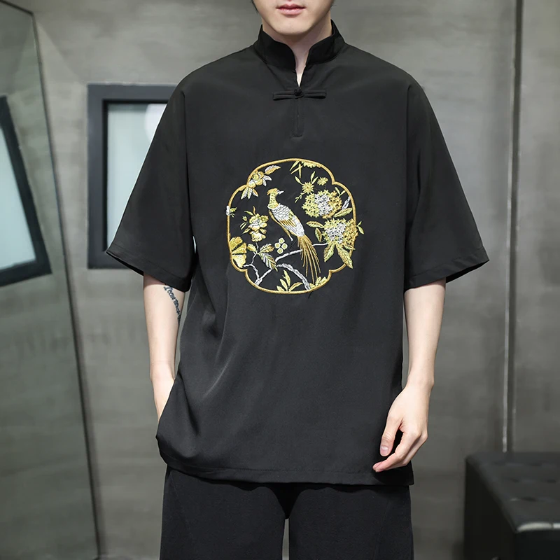 Мужская футболка с коротким рукавом летняя дышащая и тонкая вышивкой в китайском