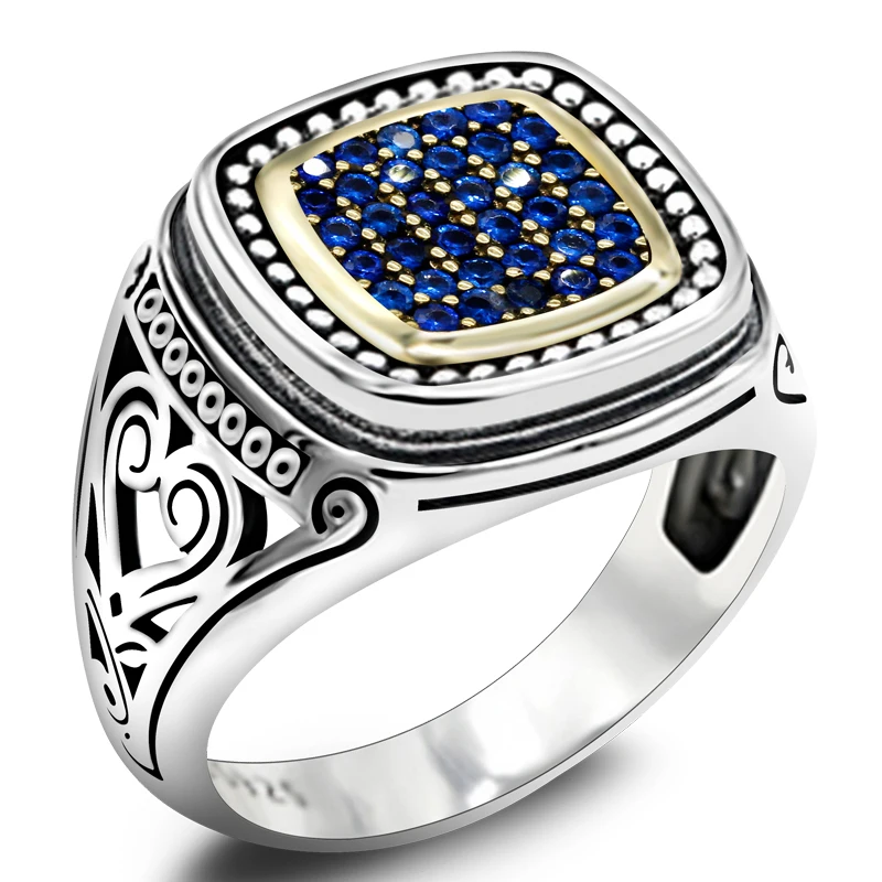 

Elegant 925 Sterling Silver Signet Ring Men's Ring Blue Cube Geometric Square Cutout Vintage Ring Anniversary Jewelry Gift