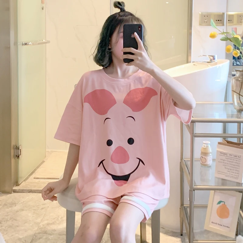 Summer Woman Pajama Set Short Sleeve Tops Japan Anime Piglet Cartoon Nightwear Leisure Wear Home Clothes Ins Pink Girls Pyjama