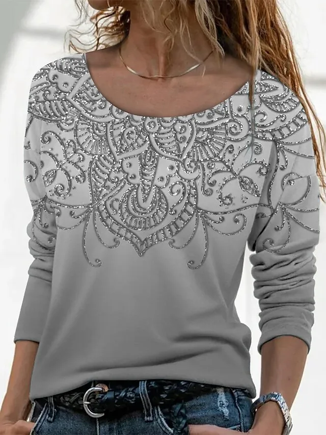 2023 Autumn Round Neck Pullover Spring Women's Daily Long Sleeve Fashion Tops Casual Regular Tee Shirt Vintage Print T-shirt - купить по