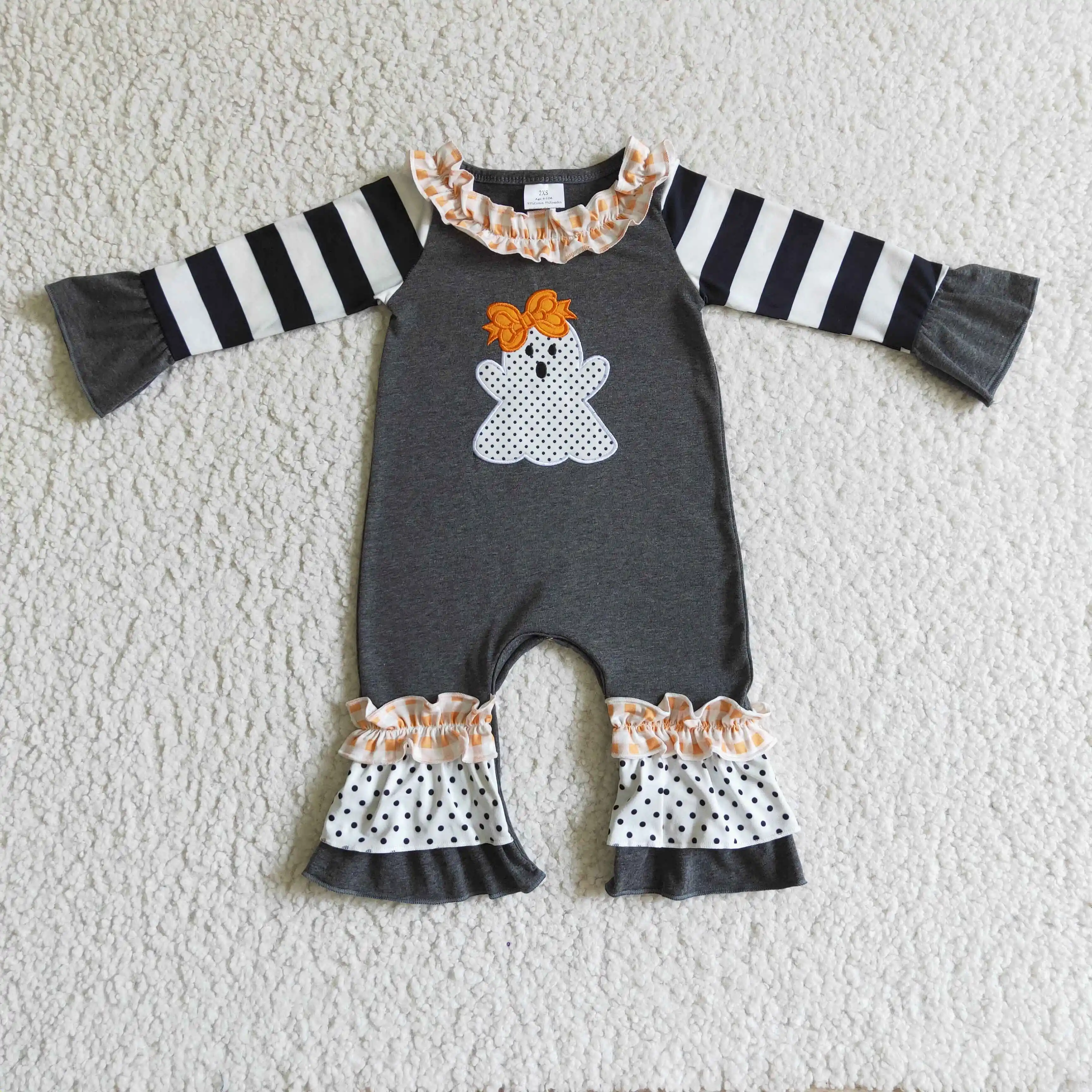 

Boutique girls romper embroidery ghost pattern ruffle design black stripe autumn winter infant baby clothing sets wholesale