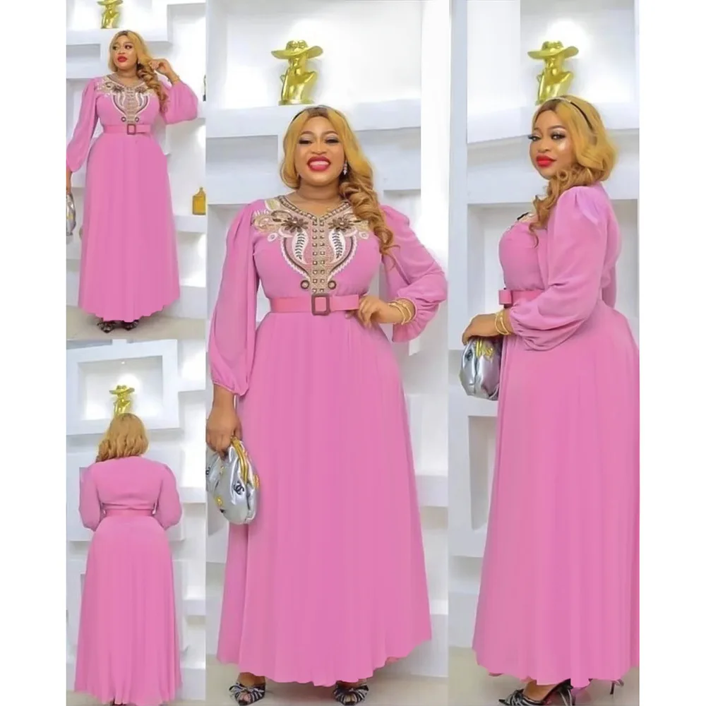 

L-3XL African Dresses for Women Summer African Women V-neck Polyester Solid Color Long Robes African Clothes Women