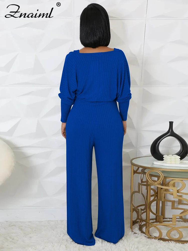 Znaiml СИНИЕ ВЯЗАНЫЕ комбинезоны с широкими штанинами и укороченным топом женские