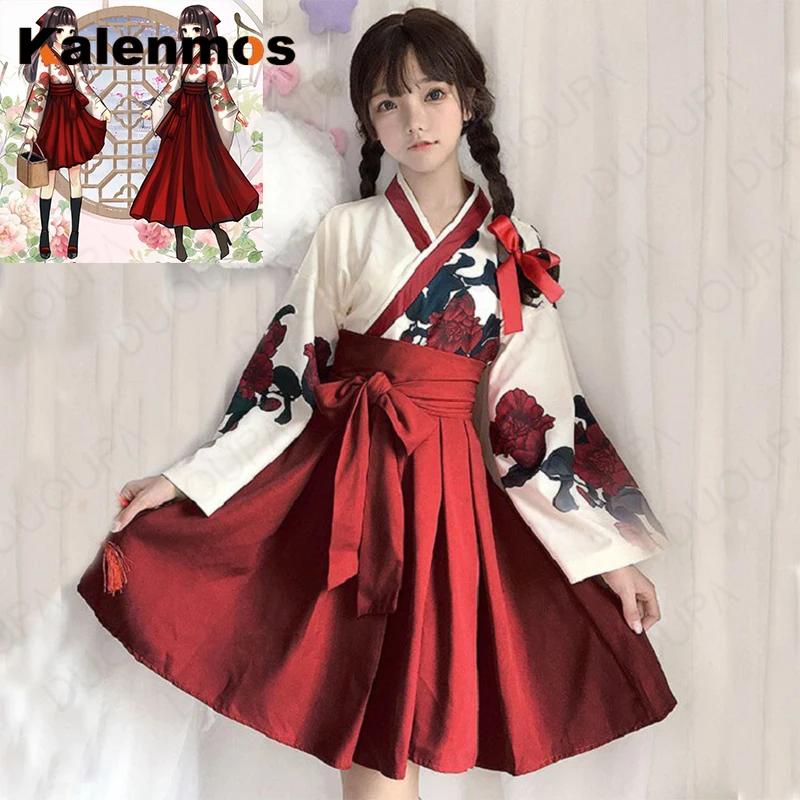 Vestido de estilo japonés para mujer, a la moda con estampado Floral Kimono, faldas superiores, trajes Hanfu, Goth, Lolita, trajes coreanos para Cosplay
