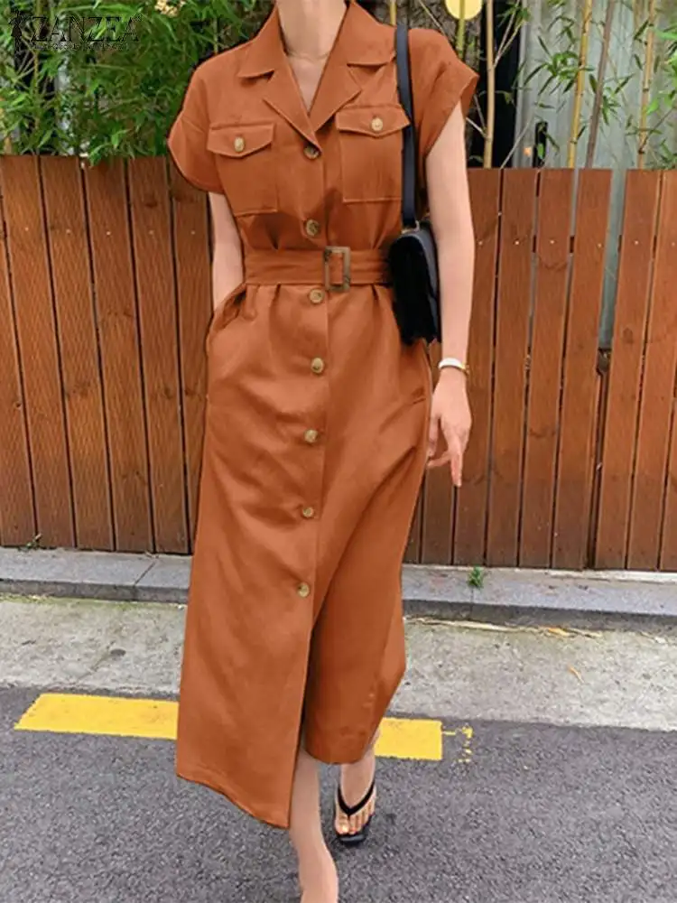 

2022 ZANZEA Fashion Summer Shirt Dress Women Lapel Neck Short Sleeve Sundress Casual Elegant OL Work Midi Vestidos Belted Robes