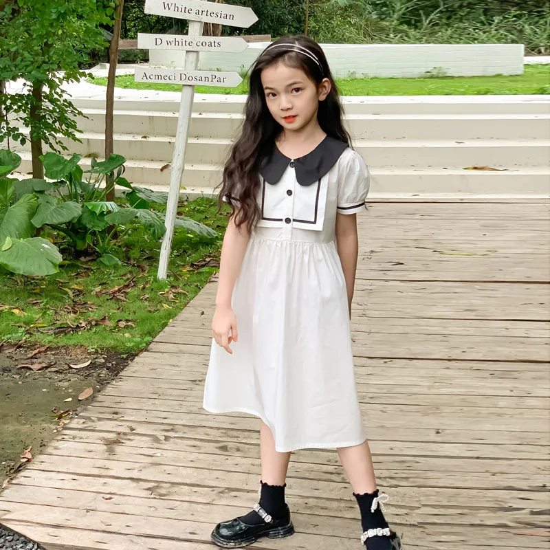 

Girls White Dress Summer 2023 New Short Sleeve Children Cotton Casual Dresses Kids Vacation Clothing Loose Peter Pan Collar