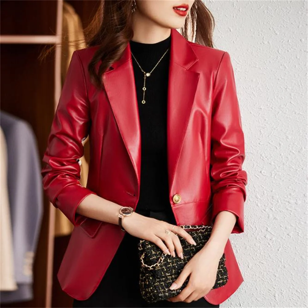 

Женский пиджак из искусственной кожи на весну и осень, новый модный блейзер с длинным рукавом, женский пиджак