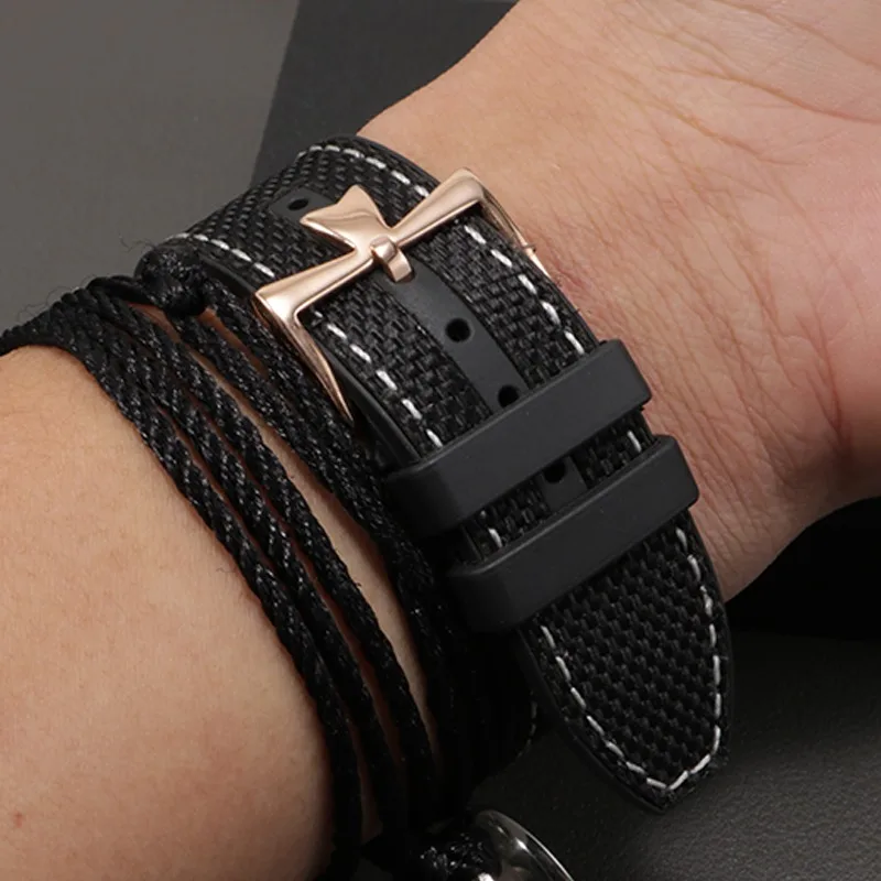 For Franck Muller v45 Black-Blue Yacht Genuine Leather Watch Strap for Men FM Falmulan Needle Buckle Silicone Watch Band 28mm