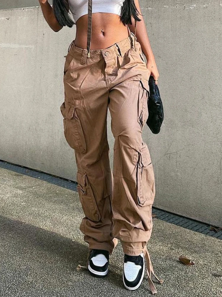 Laxsesu Vintage Cargo Pants for Women 2023 Multi Pockets Denim Trousers 90s Streetwear Wide Leg Low Rise Khaki Baggy Jeans Y2K