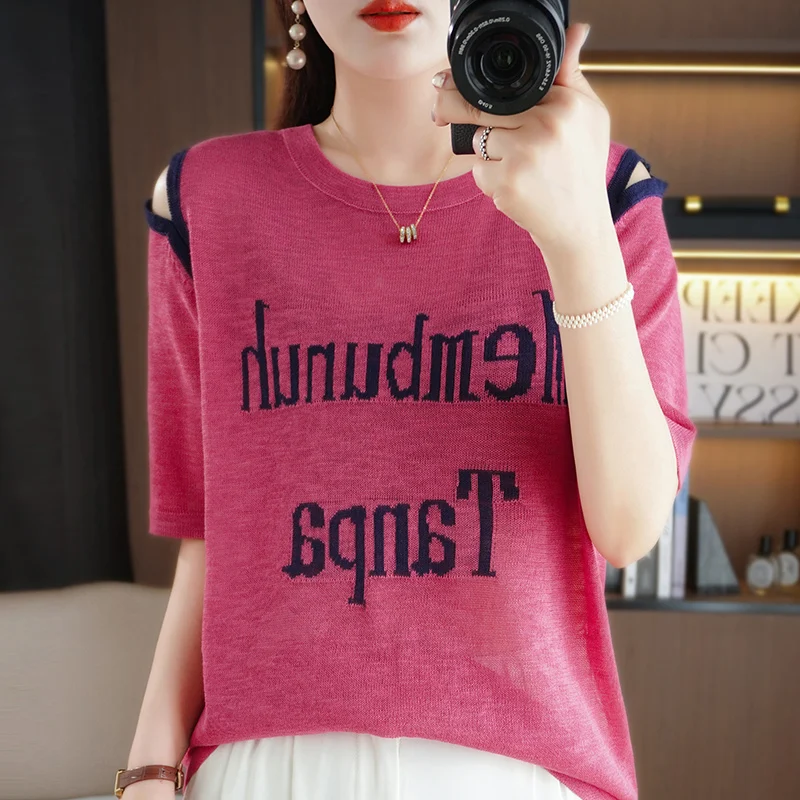 

Spring Summer New Short-sleeved Women O-neck Slim Cotton Blend Pullover Vest T-shirt Knitted Base Printing Casual Knit Sweater