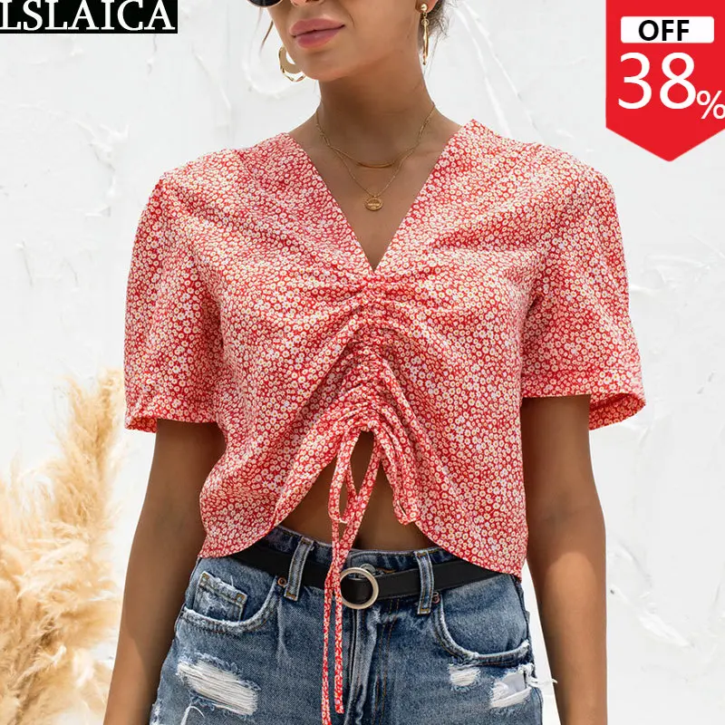 

Blouses for Women 2022 New Fashion Hot Sale Woman Tops Short Sleeve Print Crop Top Summer Shirts Dropshipping Blusas Para Mujer