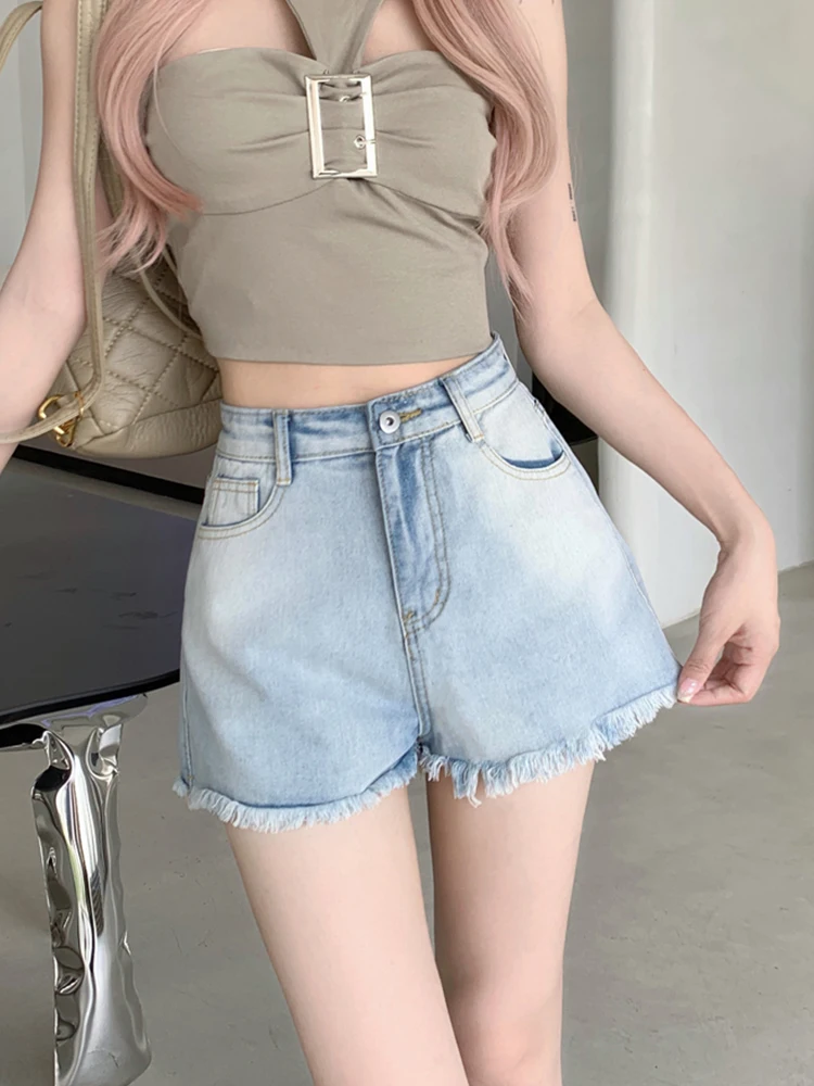 Streetwear Female High Waist Raw Hem Loose Denim Shorts Spring Summer Women Button Retro Frayed Jeans Shorts Bottoms