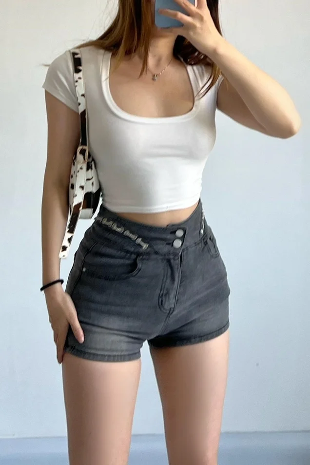 

Retro TVVOVVIN European High Street Two Button Denim Straight Shorts Solid Color High Waist Elastic Thin Women's Clothing UF6H