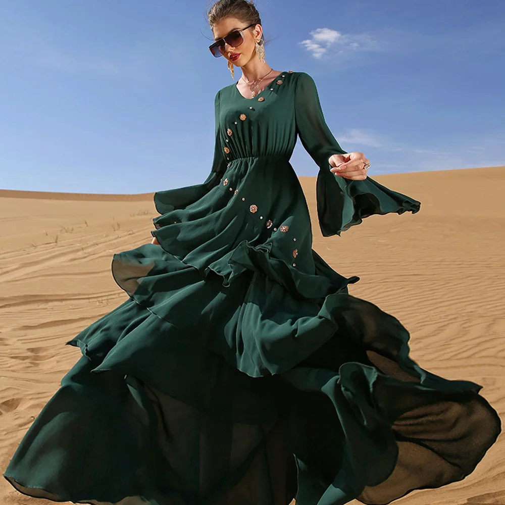 Модное темно-Зеленое Шифоновое Платье макси с V-образным вырезом, Дубайский туризм, новинка 2022, кафтан, абаи, джеллаба, кафтан, марокканские п...