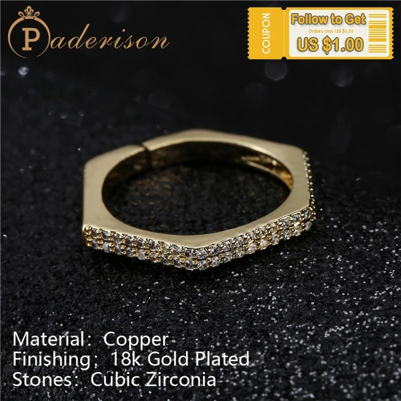 

Fashion Hexagon Irregular Geometry Opening Ring For Women Design Shiny Screw Nut Shape Rings Copper AAA Zircon 18k Gold-Plating