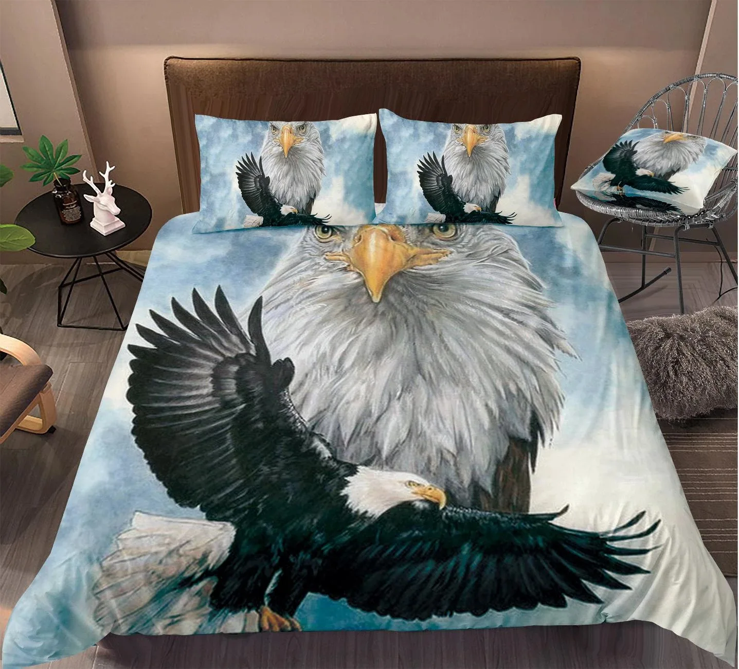 Eagle Duvet Cover Set King Queen Size Cute Grey and White Eagle Soars In The Sky Polyester Bedding Set for Kids Teens Adults