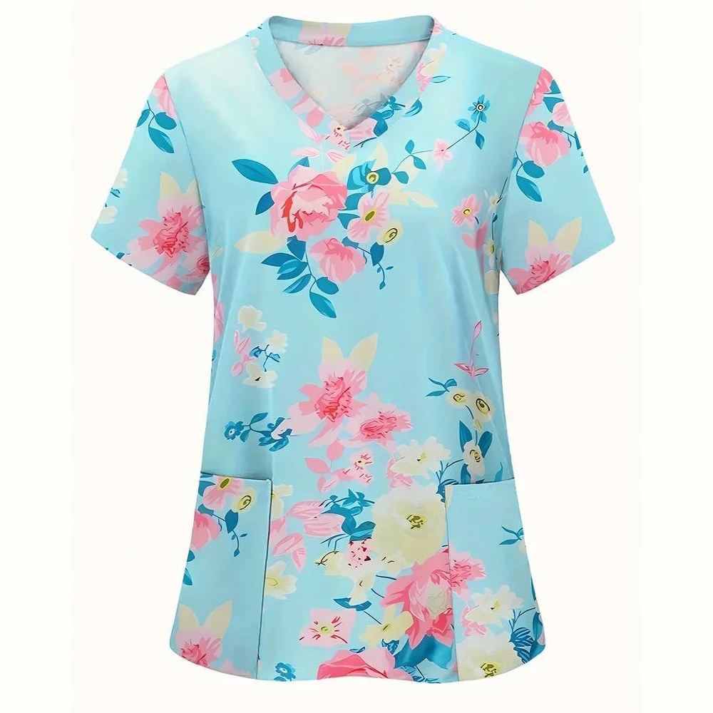 Женская медицинская мода с цветочным принтом и v-образным вырезом топы для