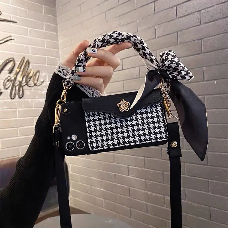 

Luxurious Handbag Back Card Slot Lanyard Phone Case For iPhone 13 12 11 Pro X XS XR Max Fabric Shockproof Shell