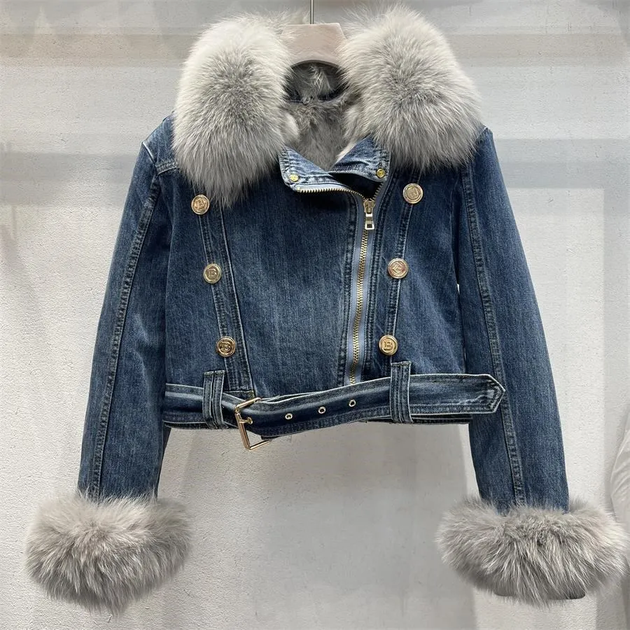 KoHuiJoo Plush Thickened Denim Coat Women Korean 2022 Winter Fashion Personality Short Fox Fur Fur Coat Double breasted Jacket
