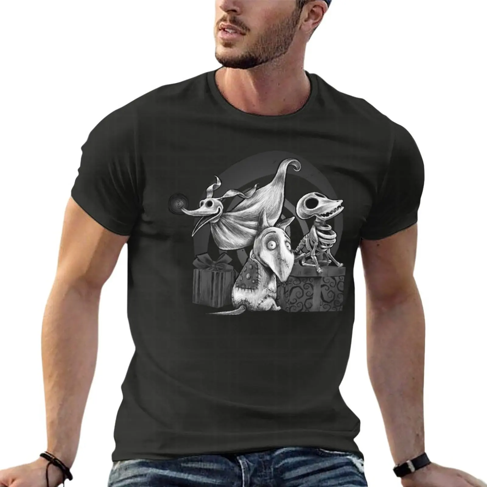 

Creepy Dogs Tim Burton Sparky Zero Frankenweenie Oversize T Shirts Printed Mens Clothes Short Sleeve Streetwear Top Tee