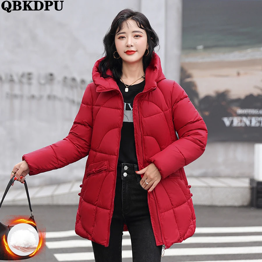 Loose Winter Hooded Down Cotton Mid-length Coat Thicken Women Warm Parka Oversized Windbreaker Outwear Casual Chic Snow Jacket
