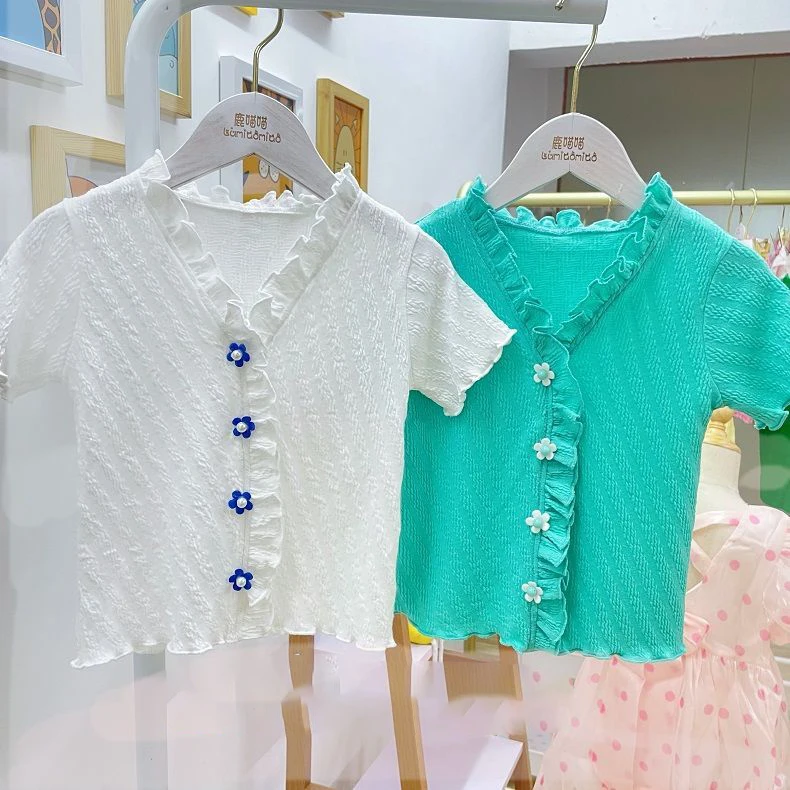 

Детские плиссированные топы с V-образным вырезом для девочек, новинка 2022, Детский кардиган, футболки для маленьких девочек, милые белые, зеле...