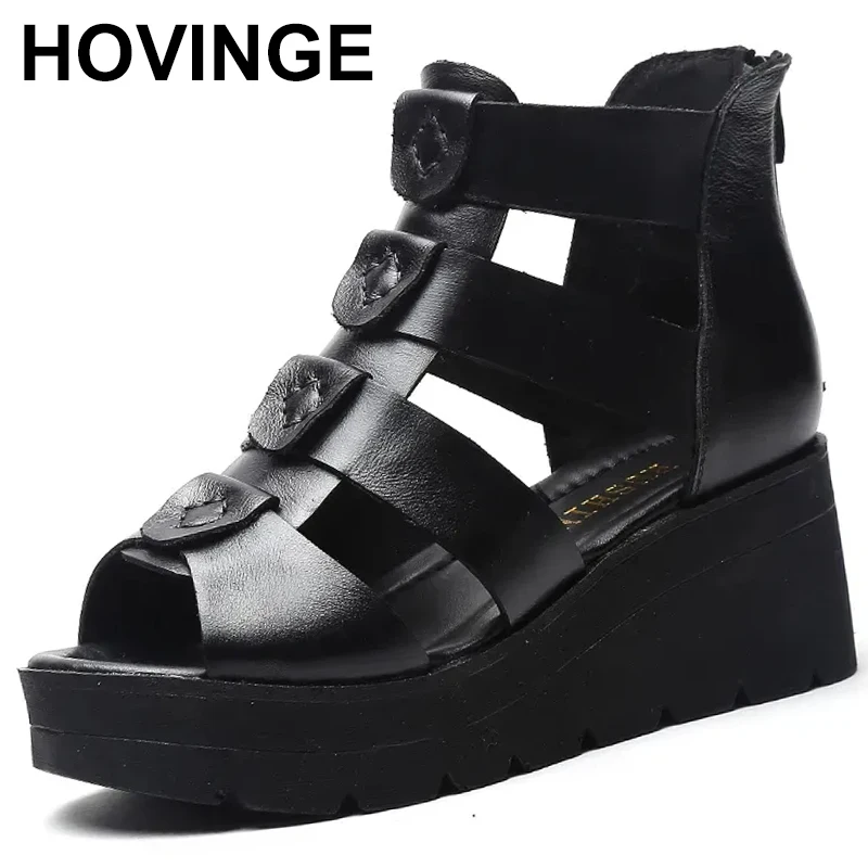 

Promotion 2023 New Fish Mouth Top Cowhide Summer Sandals Thick Bottom Wedges Genuine Leather Sandals Women Sandal Shoes Black