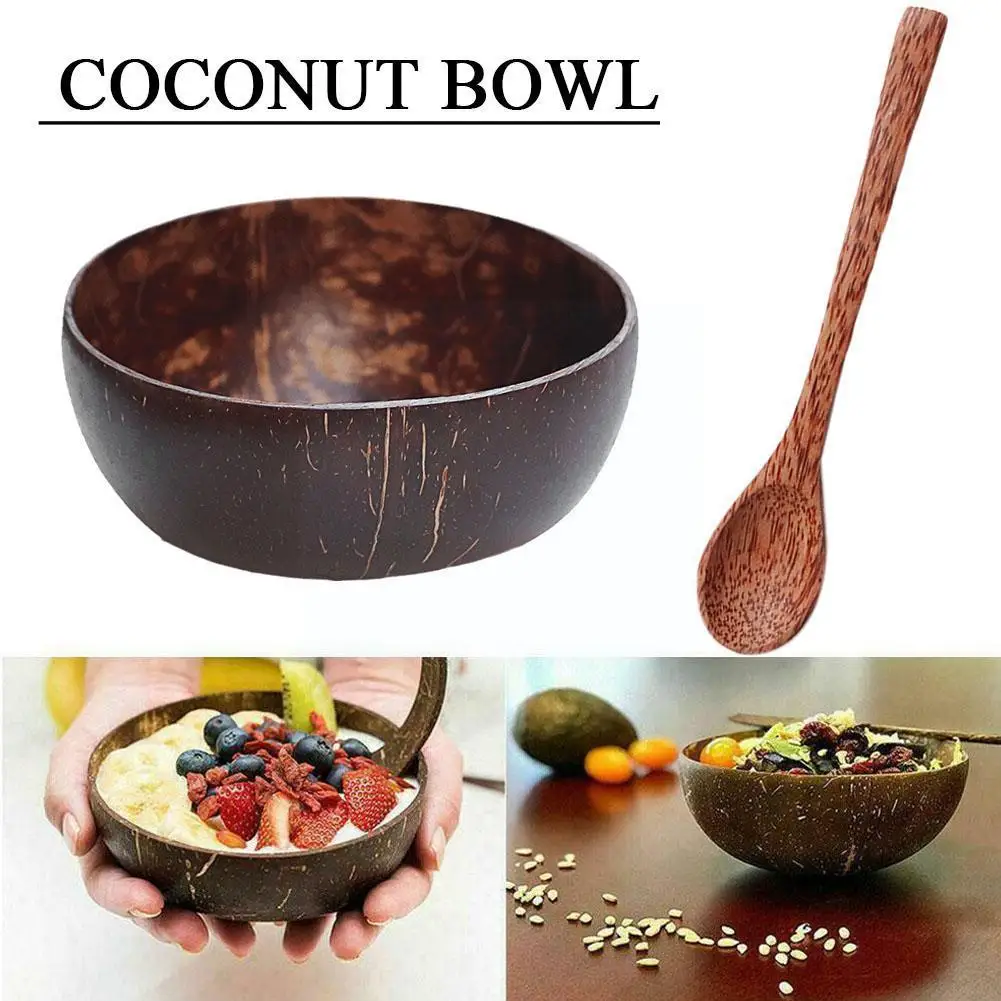 

13-14.5cm Natural Coconut Bowl Set Wooden Salad Ramen Coconut Smoothie Bowl Kitchen Coconut Wood Spoon Bowl Tableware Set T3I1