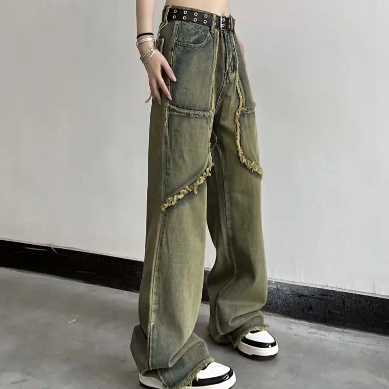 Spring and Autumn Fleece High Waist Jeans Women's Straight Loose Large Pockets Made of Old Floor Pants Wide Leg Pants Versatile
