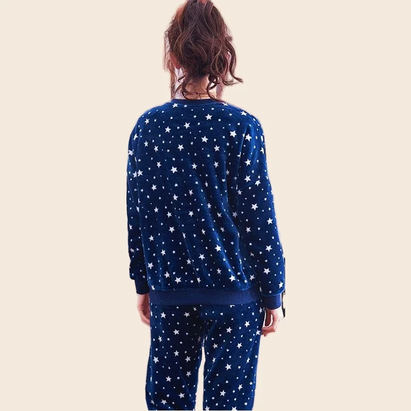 Women's Fashion Pajamas Set Flannel Pyjamas Star Print Homewear Full-Sleeve Long Pants 2Piece/Set Mom Cozy Winter Sleepwear