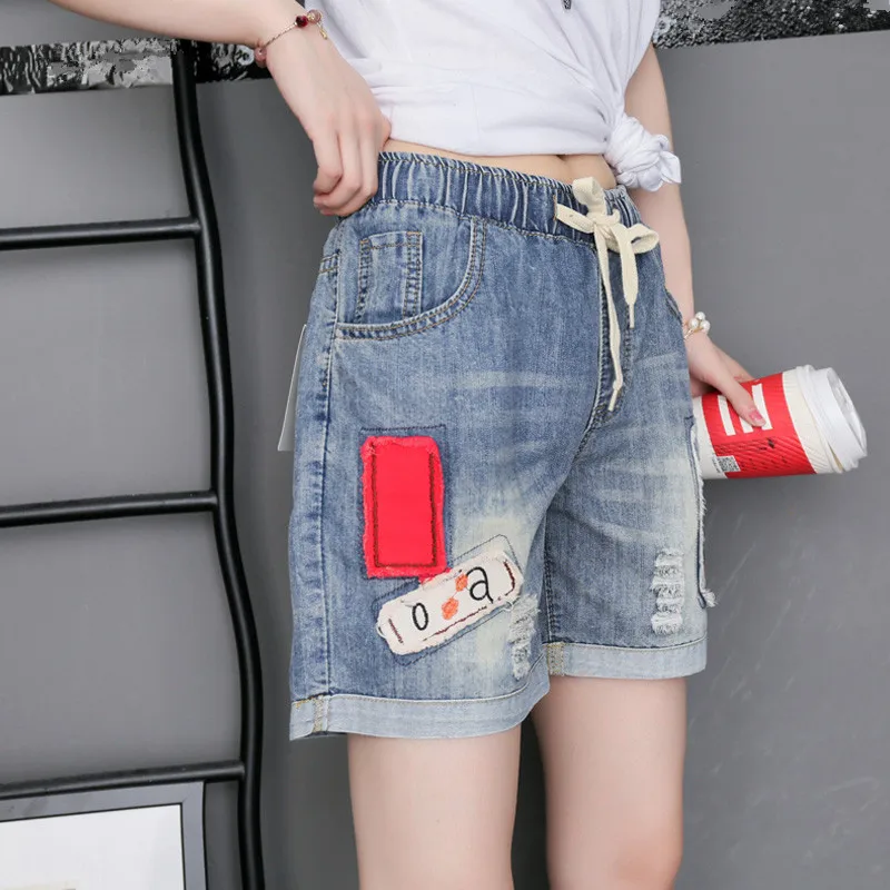 Women 2021 Fashion Summer Retro Blue Shorts Jean Female High Waist Plus Size Embroidery Denim Shorts Patchwork Casual Streetwear
