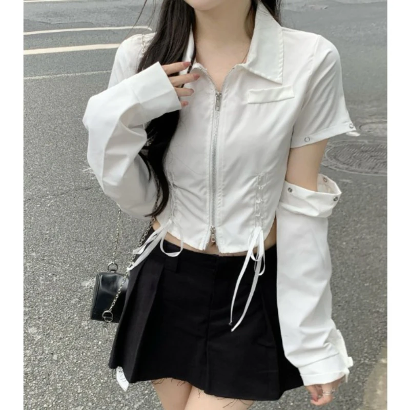 

Y2k Design Sense Niche Chic Zipper Broken Sleeve White T-shirt Women's Summer 2022 New Hot Girl Drawstring Short Tops