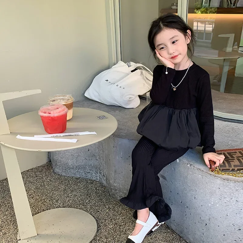 Костюм для девочек Новинка весна-осень модный пузырьковый топ с низом маленьких +