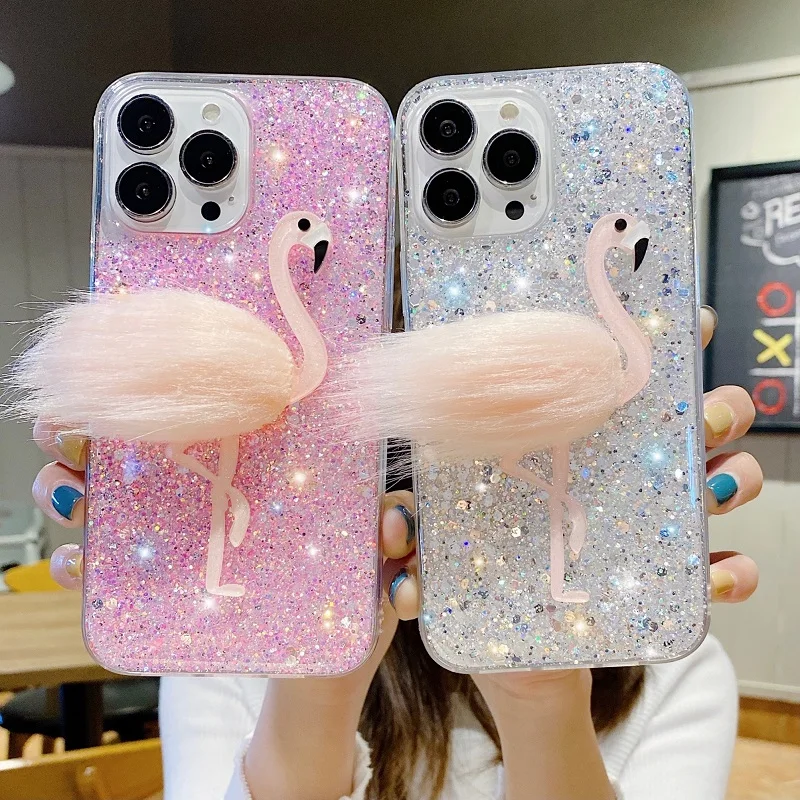 

For Huawei P40 lite Luxury Glitter Flamingo Jade butterfly Glitter Bling Phone Case For Huawei nova 6 7i SE Cover