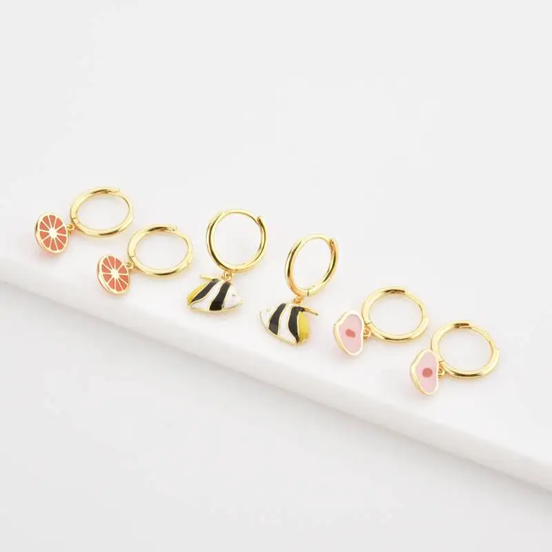 

S925 silver gold hoop small fish fruit suitable for girls party banquet simple cute charm pierced earrings with the same gift