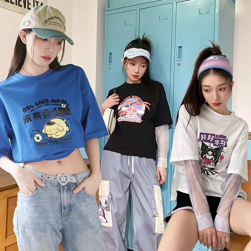 

Kawaii Anime Sanrioed Printed Short-Sleeved T-Shirt Cute Cartoon Mymelody Kuromi Cinnamoroll Mesh Stitching Fake Two-Piece Top