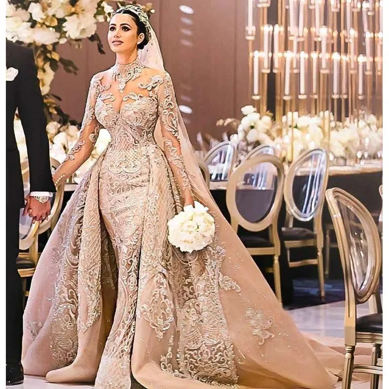 

Luxury Champagne Arabic Dubai Mermaid Wedding Dress 2022 Long Sleeves Lace Appliques Over Skirts Bridal Gowns Robe De Mariée