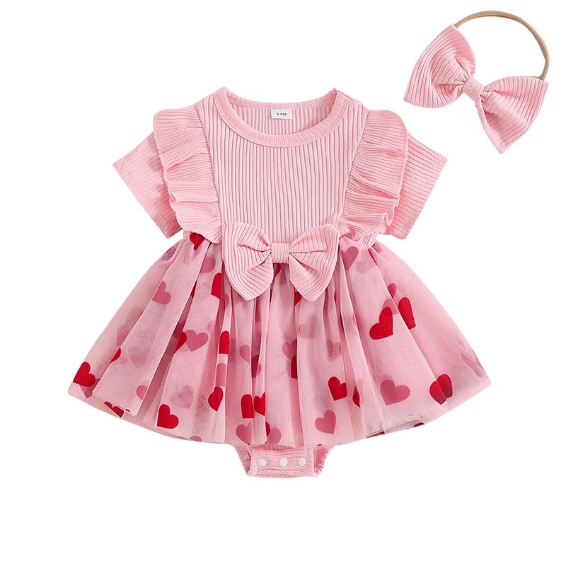 Baby Girl Valentines Day Romper Dress Short Sleeve Heart Print Tulle Skirt Jumpsuit with Bow Headband