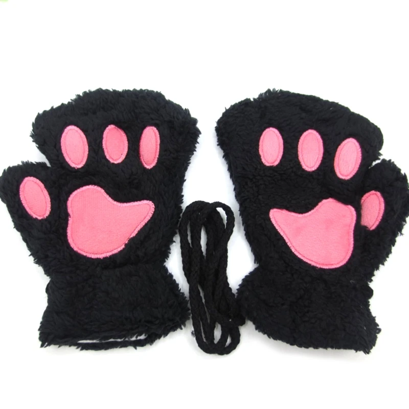 

Cartoon for CAT Claw Gloves for Women Girls Plush Bear Paw Exposed Fingers Mitte