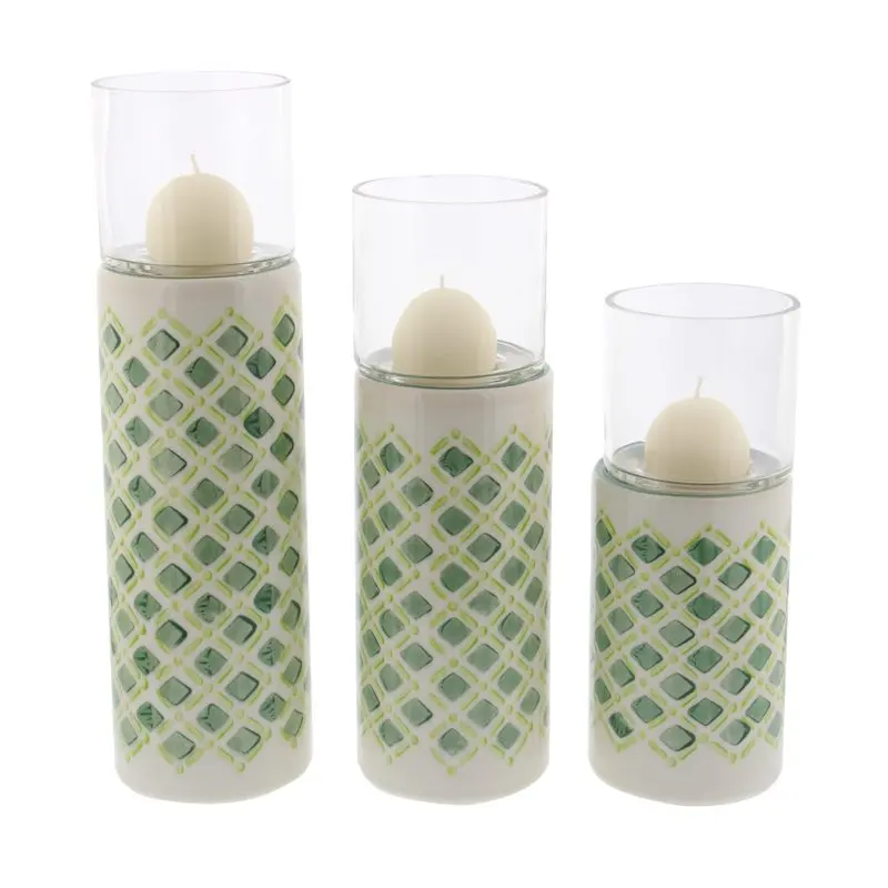 

9, 11, And 13 Inch Lattice Patterned Ceramic And Glass Candle Holders, White, Green - Set of 3