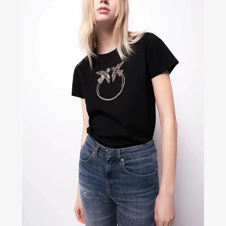 

2023 Women T-Shirt Beaded Birds Decoration O-Neck Short Sleeve Loose Summer Top
