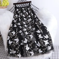 fashion butterfly emboidery aline skirt women 2022 spring summer korean casual skirt women elastic high waist pleated maxi skirt