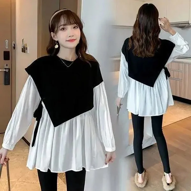 

Fashion O-Neck Spliced Bandage Fake Two Pieces Blouses Women's Clothing 2023 Autumn Winter Loose Casual Tops Asymmetrical Shirts