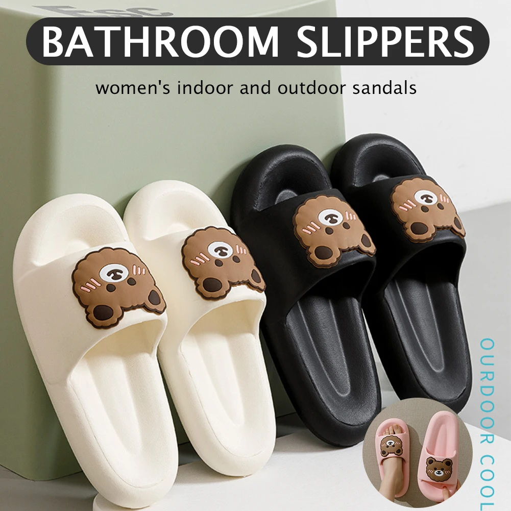 

Cartoon Cute Bear Thick Sole Slippers for Women Super Soft Non Slip Bathroom Sandals Outwear Shoes Summer Beach Flip Flops New