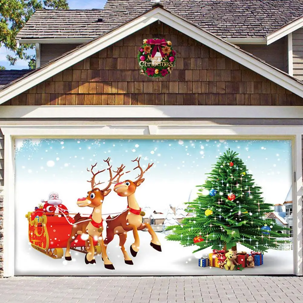 

1 Set Garage Door Cover With 6 Traceless Nails Xmas Element Merry Christmas Holiday Banner Backdrop Cloth Decor For Photography
