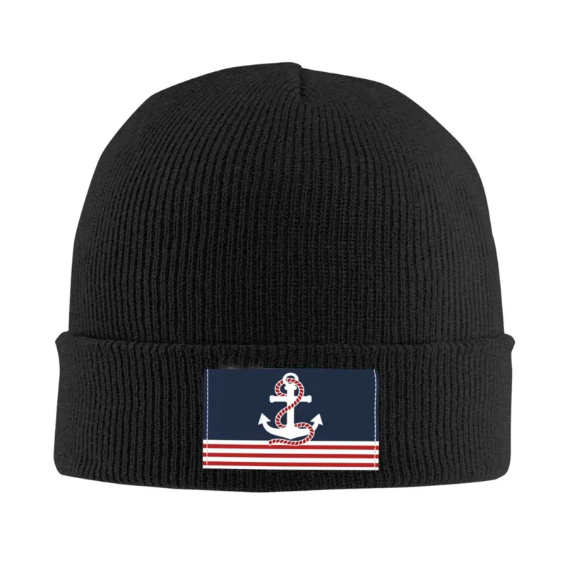 

Nautical Stripes And Red Anchor Skullies Beanies Caps Cool Winter Warm Men Women Knit Hat Unisex Adult Sailing Sailor Bonnet Hat