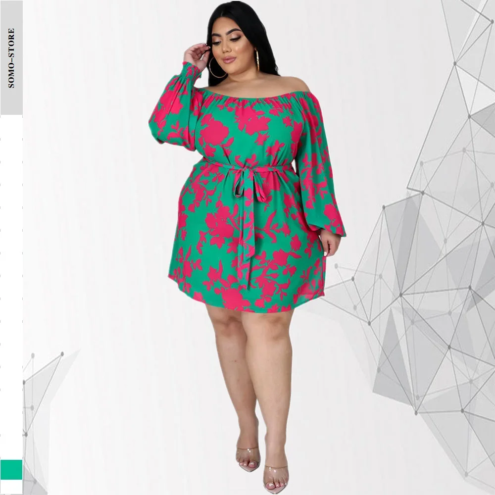 

Autumn Plus Size Women's Clothing 4xl Fashion Round Neck Bandage Trendy Printed Long Sleeve Loose Dress Wholesale Dropshipping