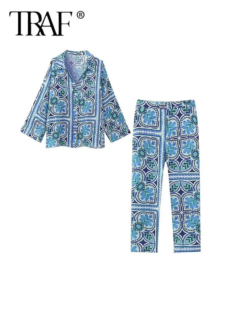 

TRAF Woman 2 Pieces Sets New Fashion Print Shirts Top Casual Pants Summer Women Suit Two Piece Set Long sleeved Womens Outfits