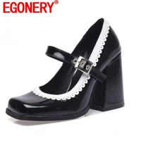 egonery woman square toe punk pumps autumn new style patent pu leather upper sexy ladies front buckle strap fashion pumps ladies