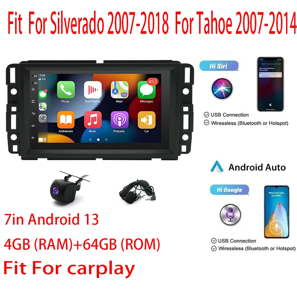 

7-дюймовый Android 13 4 + 64G для CarPlay Радио Автомобильная Стерео GPS-навигация Мультимедийный плеер Для Silverado 2007-2018 Для Tahoe 2007-2014